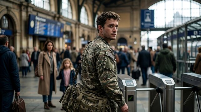 Soldier with backpack looking back at crowded train station