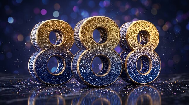 Golden and blue glitter 3D number 888 on marble background