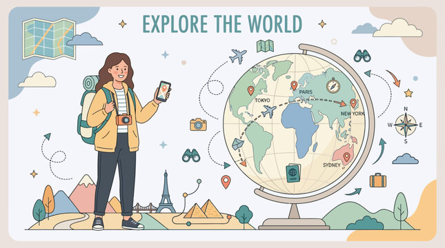 Young traveler exploring a world map with landmarks