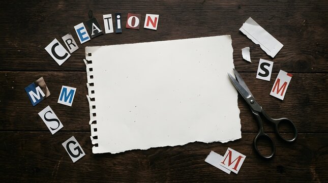 Blank torn notepad paper with scattered magazine cutout letters spelling creation and vintage scissors on dark wooden background