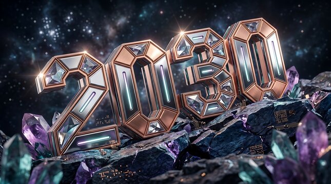 Futuristic 3D Metal and Crystal 2030 Year Typography in Space