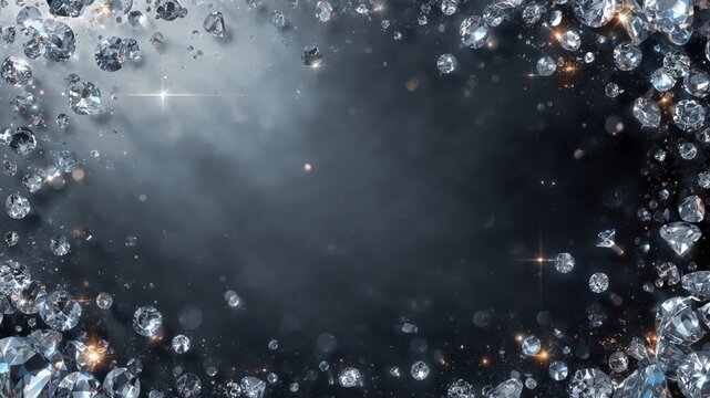 Diamond Sparkle Border, Elegant Dark Background with Glowing Shimmering Crystals, Luxurious Abstract Frame for Premium Invitations and High-End Fashion Design
