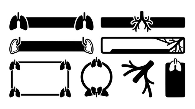 Black vector set of lung cross-section text banners, circular respiratory borders, vertical medical frames, and healthcare infographic design elements
