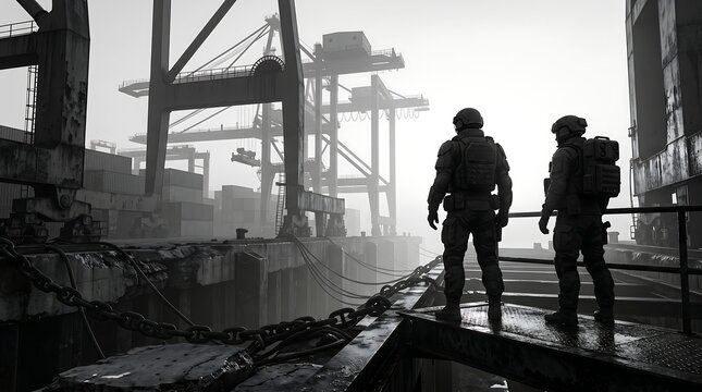 Special ops soldiers in foggy industrial seaport harbor
