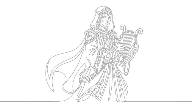 Fantasy Bard Character Line Art: Musician with Lyre, Elegant Robes, Hooded Figure