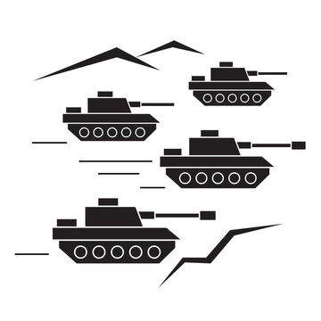 Military tanks convoy moving through terrain for war battle vector icon.