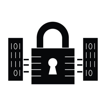 Cyber security lock with binary code for digital data encryption icon.