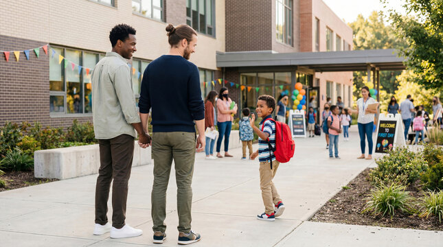 Two fathers holding hands with their son waving goodbye as he enters a crowded elementary school on the first day of class