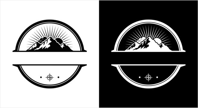Vintage Mountain Emblem with Sunburst and Compass Rose.