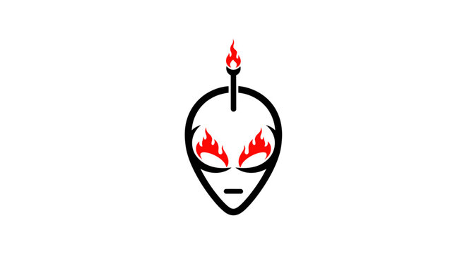 Alien head with flaming eyes and torch icon.