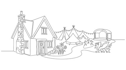 Fototapeta premium Charming cottage with festival tents, stage, and dragon illustration, single line art