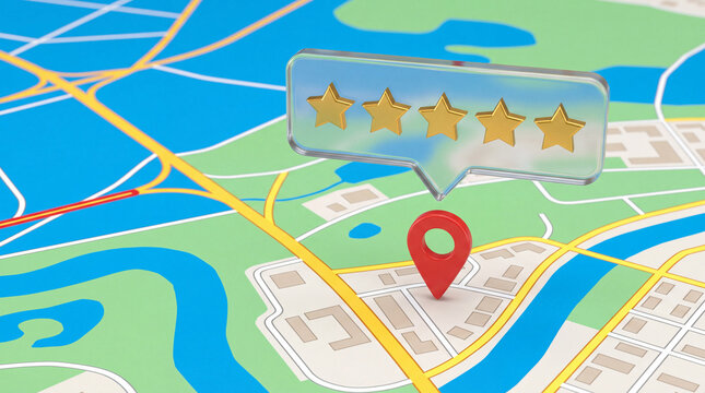 Five Star Review over a location pin on a maps background