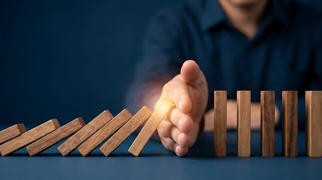 Businessman's hand intervenes to stop domino effect, preventing crisis and ensuring stability in business or financial risk management