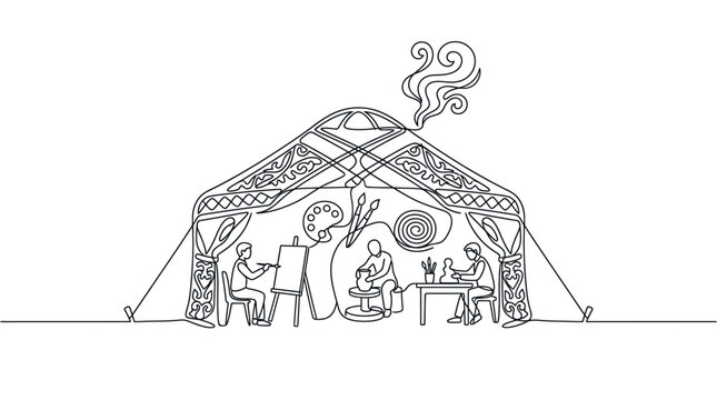 Artistic yurt interior with people creating art, painting, sculpting, and drawing.