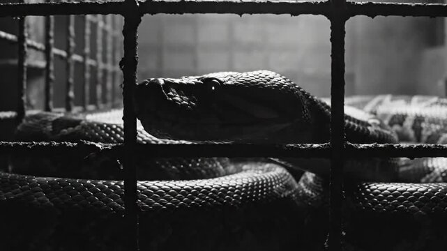Black and white close up of a snake looking out from behind rusty metal bars in a cage