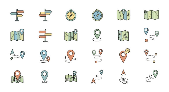 Navigation Icons: Maps, Compasses, Signposts, and Pins
