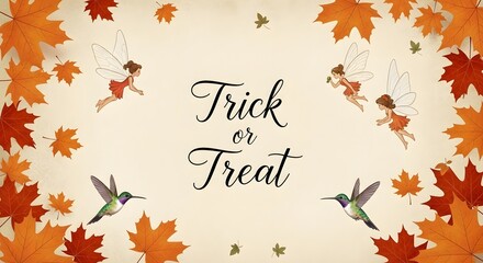 Fototapeta premium Trick or treat text with autumn leaves, fairies and hummingbirds
