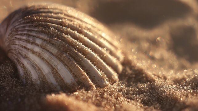 Macro of seashell texture on sand, warm sunlight, beach vacation