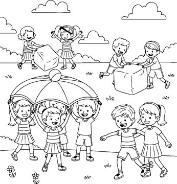 Children Playing Together Outdoors With Large Parachute Toy.