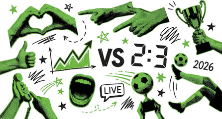 Naklejka na ściany i meble Football halftone art collage set. Soccer world cup versus stickers with heart hands, chart, ball, megaphone, and live 2026 score. Modern retro grunge mixed media cut out doodles.