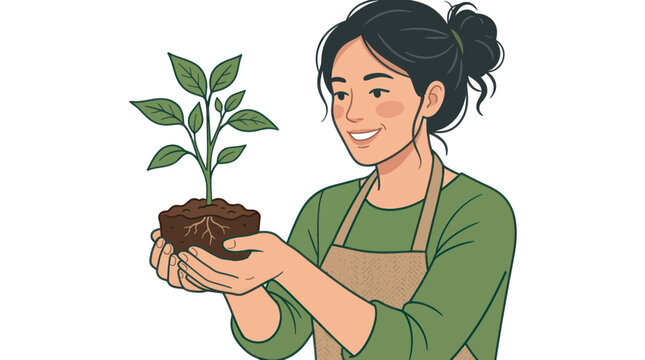 Young woman holding a small plant with roots and soil, gardening concept