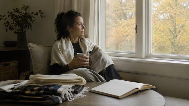 Woman sits by window with a drink while wrapped in a blanket and looks outside on a fall day in a cozy room
