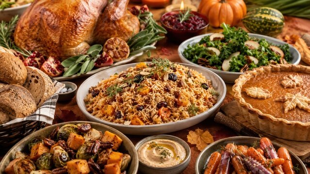 Thanksgiving dinner table filled with various traditional foods like turkey, stuffing, and pumpkin pie during a family gathering