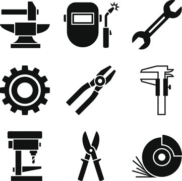 Set of technical engineering tools consisting of anvil welding mask wrench gears pliers caliper drill press metal snips and high speed rotating cutting disk blade.