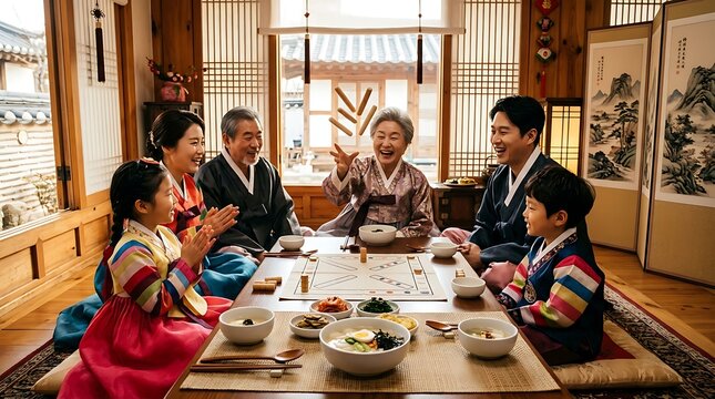 Korean Family in Hanbok Playing Yut Nori During Seollal Holiday