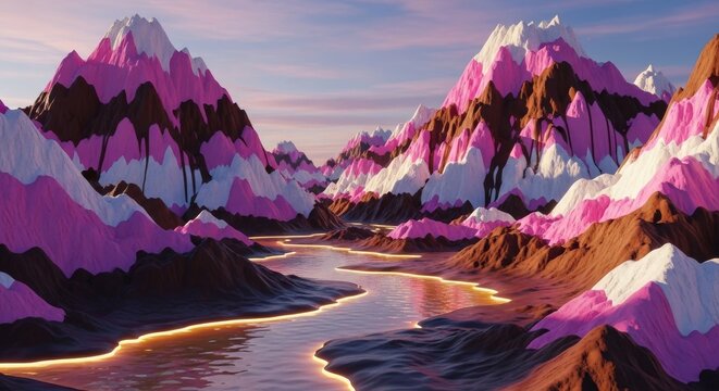 Surreal pink mountain range landscape with glowing river at sunset mountain landscape reflection dramatic colorful