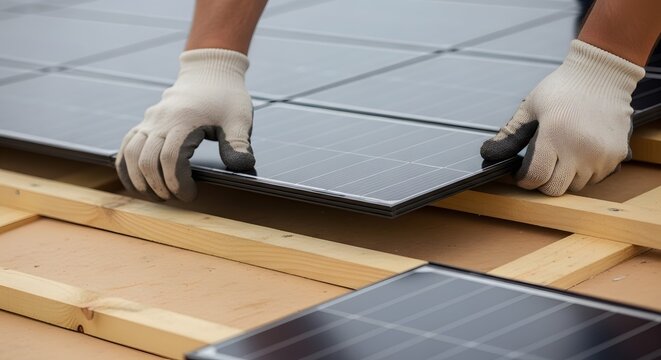 Installation of solar panels on a wooden roof structure.