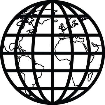 A simple black and white line art illustration depicting a globe with longitudinal lines grid