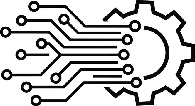 A minimalist black and white line art icon showing a gear integrated with electronic circuitry