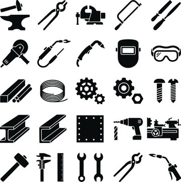Assorted set of blacksmith and metalworking tools for crafts and industrial applications.