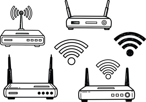 A collection of hand drawn sketch illustrations of wireless internet routers and wifi symbols.