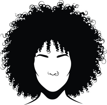 A high contrast illustration of a person with voluminous curly hair against a plain background.