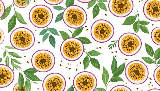 Seamless passion fruit pattern with sliced maracuja halves and green leaves on white background for textile and wallpaper design