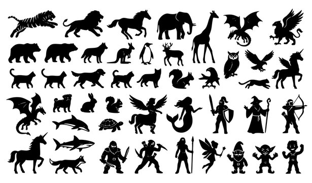 Mixed animal and fantasy character silhouette collection vector graphics isolated on white background