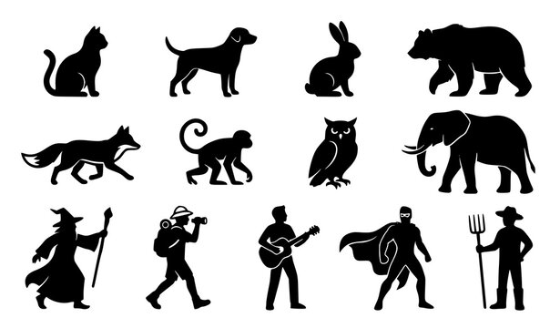 Animal and character silhouette vector set with diverse creatures and people isolated on white background