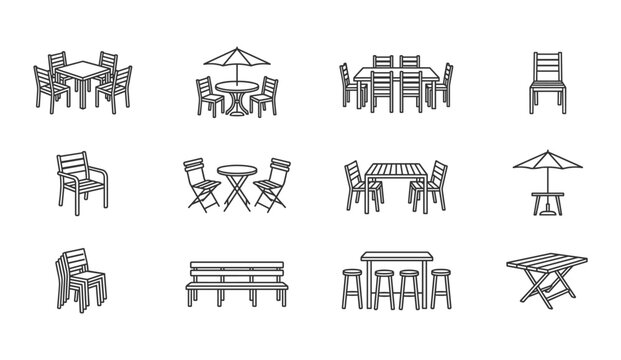 Set of outdoor furniture line icons. patio garden table and chair simple vector.