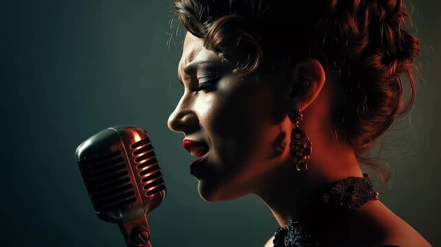 Female performer singing emotionally into a classic retro microphone with dramatic lighting