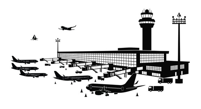 Airport terminal with planes and control tower