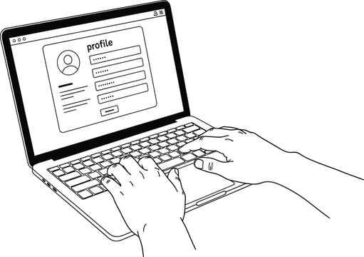 A black and white line drawing of a person using a laptop to edit their personal profile settings