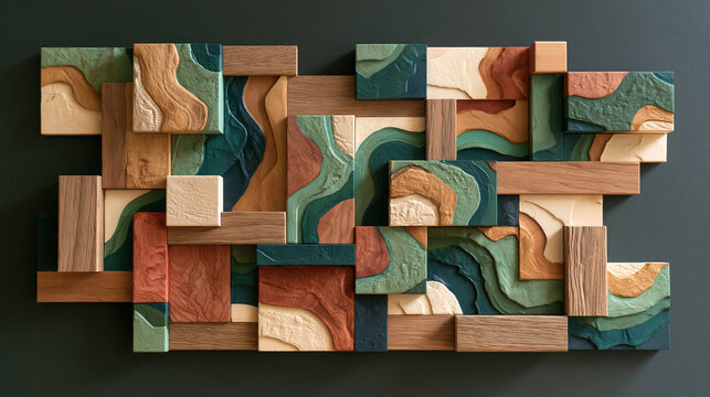 Decorative Wood Block Mosaic with Blue Green Orange Flowing Pattern