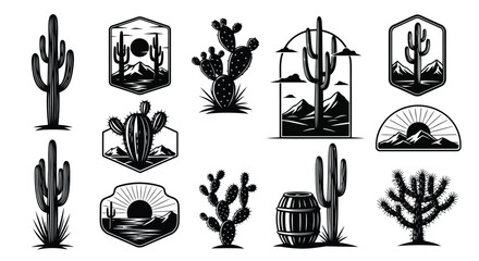 Black and white cactus illustrations and desert landscape icons © MohammadMasud