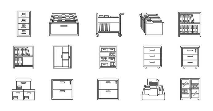 Office storage and archive systems icons for document management solutions.