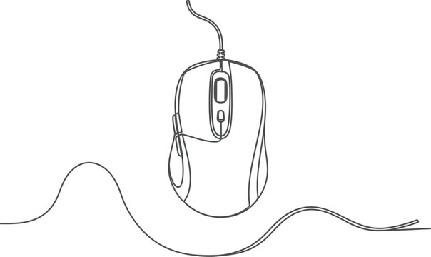 A continuous single line drawing of a computer mouse with a connected cord on a white background