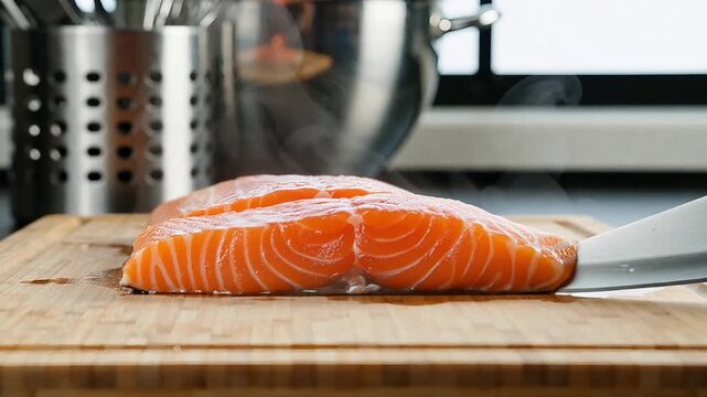 Sharp chef knife cutting raw red salmon fish fillet on wooden chopping board