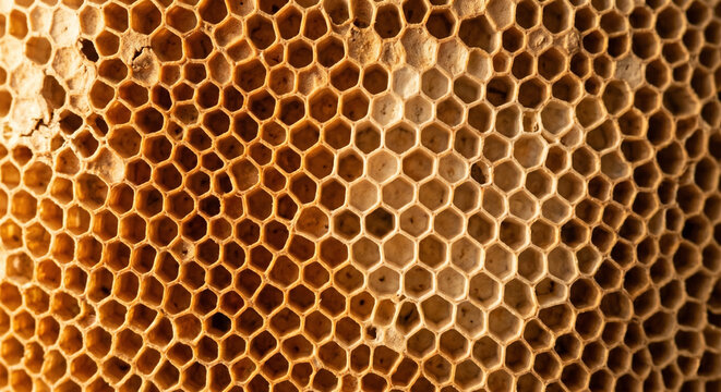 Honeycomb Structure Macro Top Down Close Up Golden Hexagonal Pattern Beeswax Nature