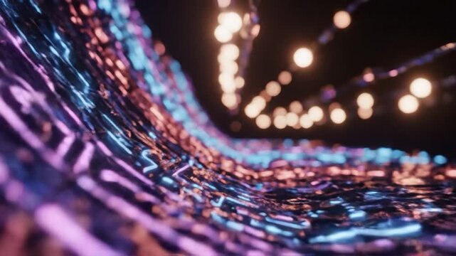 Abstract blue and purple glowing circuit board pattern flowing in a dark digital space with bokeh string lights